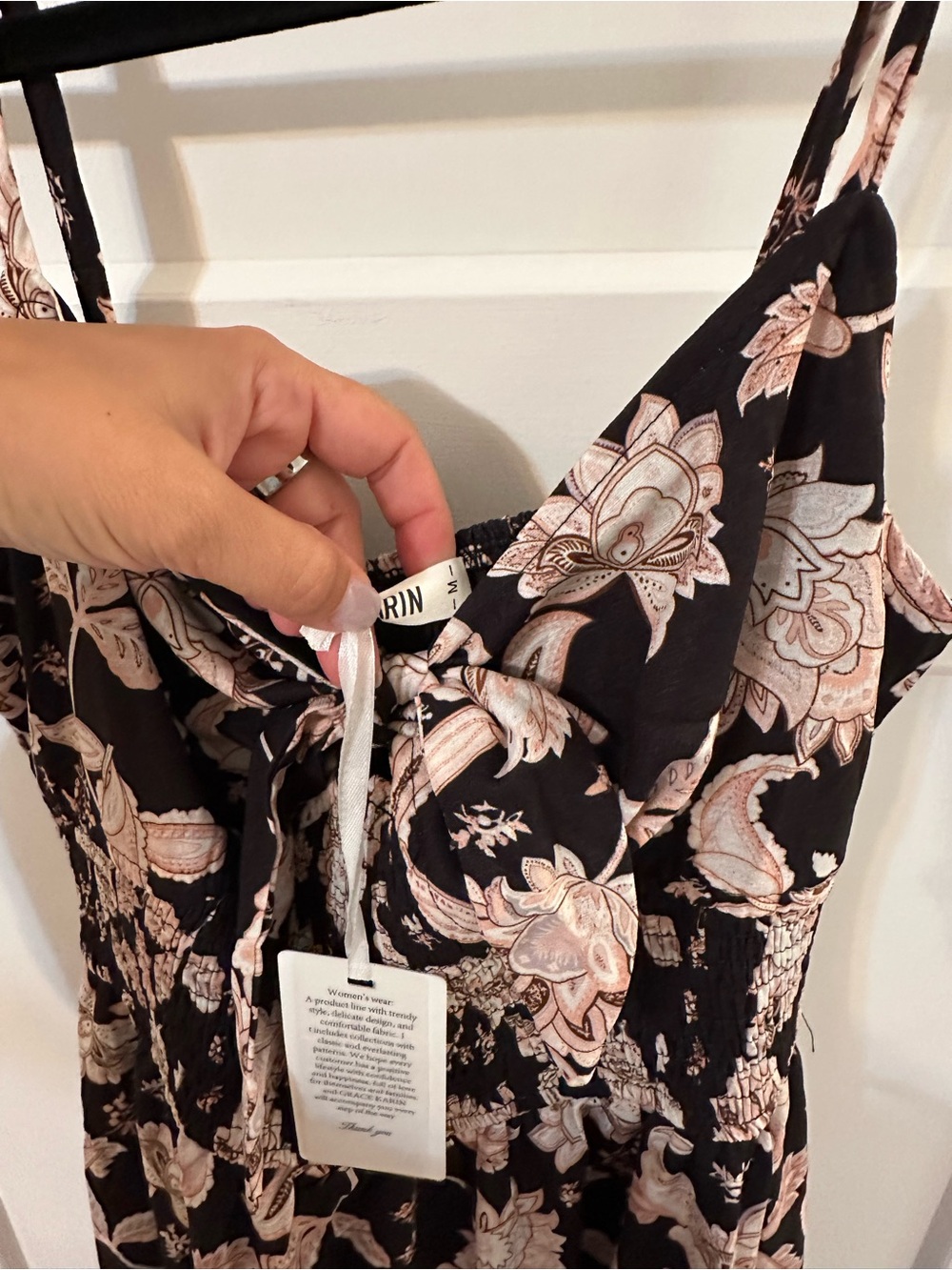 Black Floral Spaghetti Strap Midi Dress with Pink Flower Print - Picture 4 of 4
